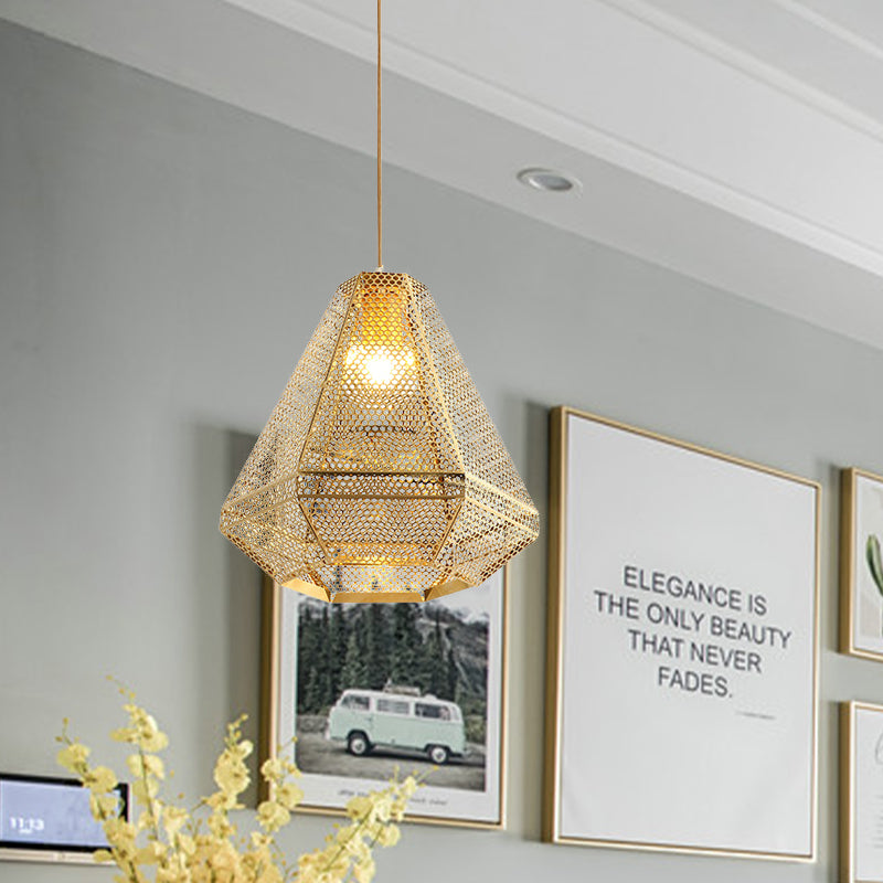 Colonial Cutout Diamond Suspension Light 1-Bulb Stainless Steel Down Lighting Pendant in Gold Clearhalo 'Ceiling Lights' 'Pendant Lights' 'Pendants' Lighting' 1454470