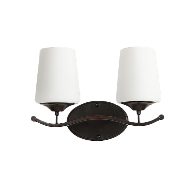 2/3-Bulb Ivory Glass Vanity Lighting Traditional Black Tapered Bedroom Wall Light with Iron Wavy Arm Clearhalo 'Vanity Lights' 'Wall Lights' Lighting' 1454574