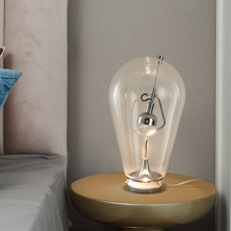 LED Bowl Desk Light Industrial Silver Metal Night Table Lamp with Bulb-Shaped Clear Glass Shade, 6.5