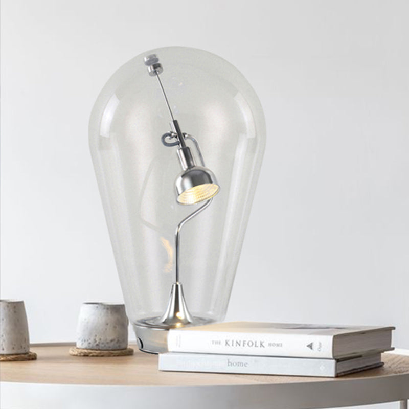 LED Bowl Desk Light Industrial Silver Metal Night Table Lamp with Bulb-Shaped Clear Glass Shade, 6.5