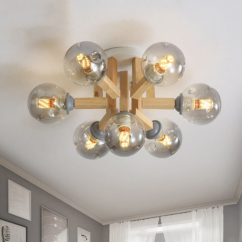 Postmodern Starburst Semi Mount Lighting Wood 7-Light Bedroom Flush Ceiling Light with Orb Smoke Grey Glass Shade Smoke Gray Clearhalo 'Ceiling Lights' 'Close To Ceiling Lights' 'Close to ceiling' 'Semi-flushmount' Lighting' 1454866