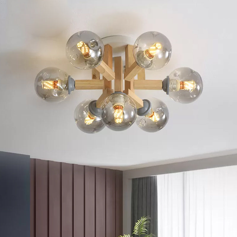 Postmodern Starburst Semi Mount Lighting Wood 7-Light Bedroom Flush Ceiling Light with Orb Smoke Grey Glass Shade Clearhalo 'Ceiling Lights' 'Close To Ceiling Lights' 'Close to ceiling' 'Semi-flushmount' Lighting' 1454867