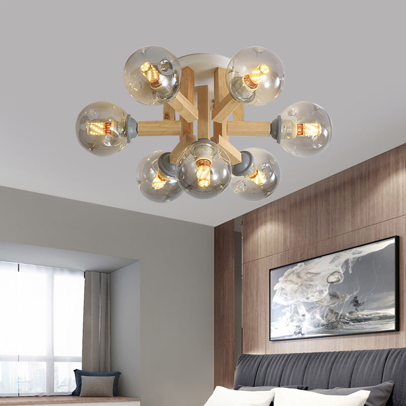 Postmodern Starburst Semi Mount Lighting Wood 7-Light Bedroom Flush Ceiling Light with Orb Smoke Grey Glass Shade Clearhalo 'Ceiling Lights' 'Close To Ceiling Lights' 'Close to ceiling' 'Semi-flushmount' Lighting' 1454868