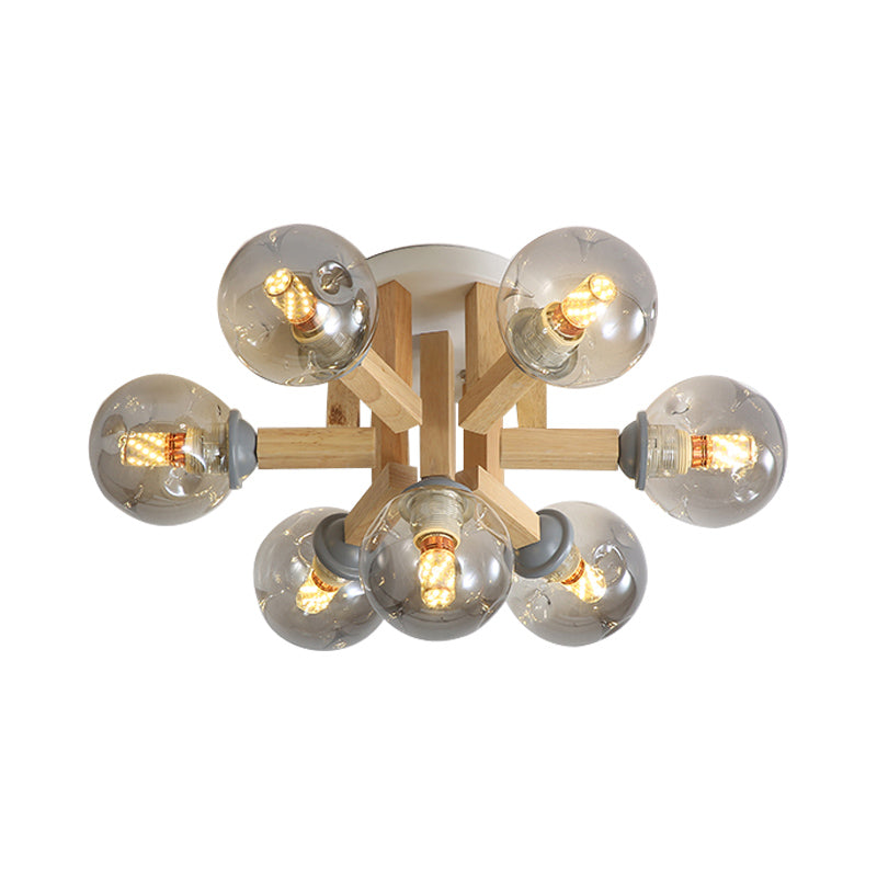 Postmodern Starburst Semi Mount Lighting Wood 7-Light Bedroom Flush Ceiling Light with Orb Smoke Grey Glass Shade Clearhalo 'Ceiling Lights' 'Close To Ceiling Lights' 'Close to ceiling' 'Semi-flushmount' Lighting' 1454869