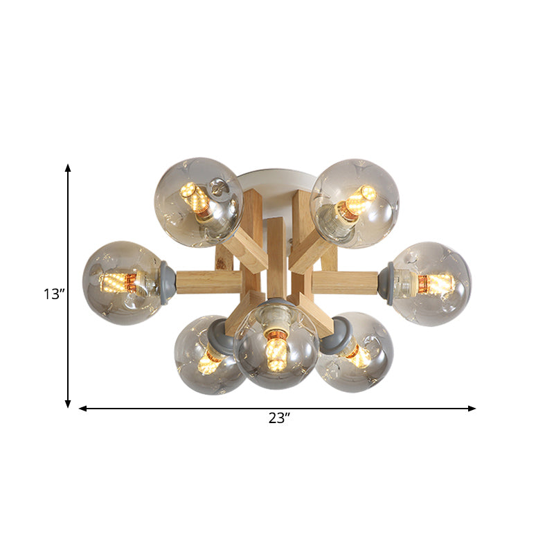 Postmodern Starburst Semi Mount Lighting Wood 7-Light Bedroom Flush Ceiling Light with Orb Smoke Grey Glass Shade Clearhalo 'Ceiling Lights' 'Close To Ceiling Lights' 'Close to ceiling' 'Semi-flushmount' Lighting' 1454870