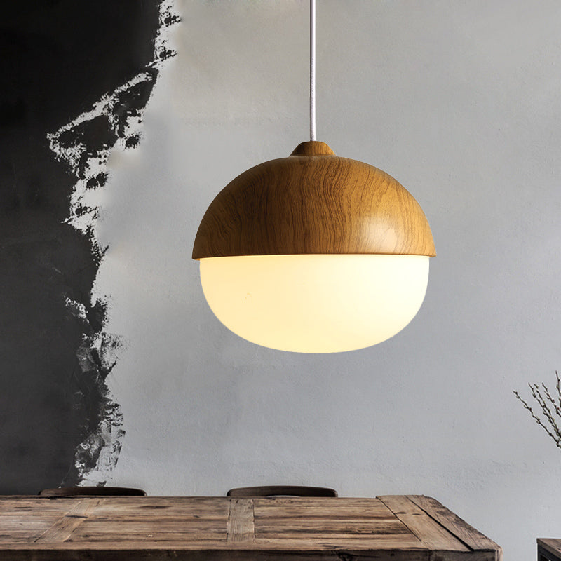 Simple Bowl Wooden Pendant Light Single Hanging Ceiling Light in Brown with Oval Ivory Glass Shade Clearhalo 'Ceiling Lights' 'Glass shade' 'Glass' 'Modern Pendants' 'Modern' 'Pendant Lights' 'Pendants' Lighting' 1454903