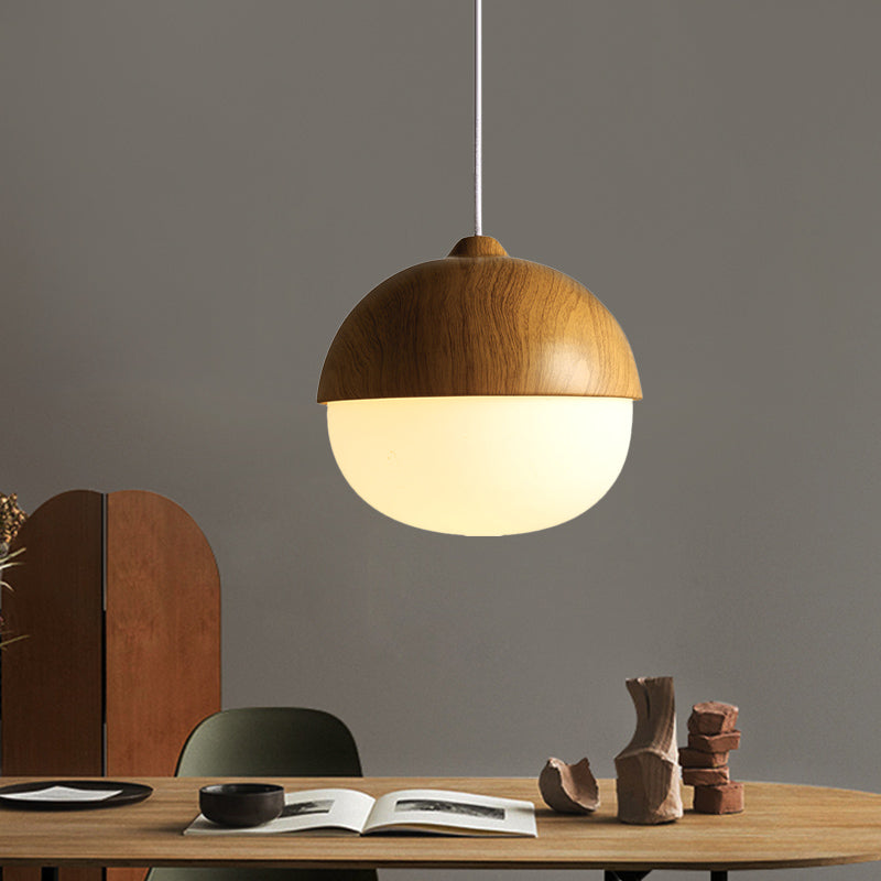 Simple Bowl Wooden Pendant Light Single Hanging Ceiling Light in Brown with Oval Ivory Glass Shade Clearhalo 'Ceiling Lights' 'Glass shade' 'Glass' 'Modern Pendants' 'Modern' 'Pendant Lights' 'Pendants' Lighting' 1454904