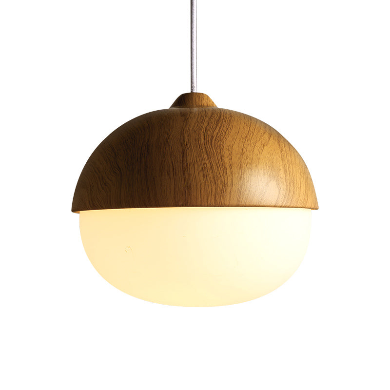 Simple Bowl Wooden Pendant Light Single Hanging Ceiling Light in Brown with Oval Ivory Glass Shade Clearhalo 'Ceiling Lights' 'Glass shade' 'Glass' 'Modern Pendants' 'Modern' 'Pendant Lights' 'Pendants' Lighting' 1454905