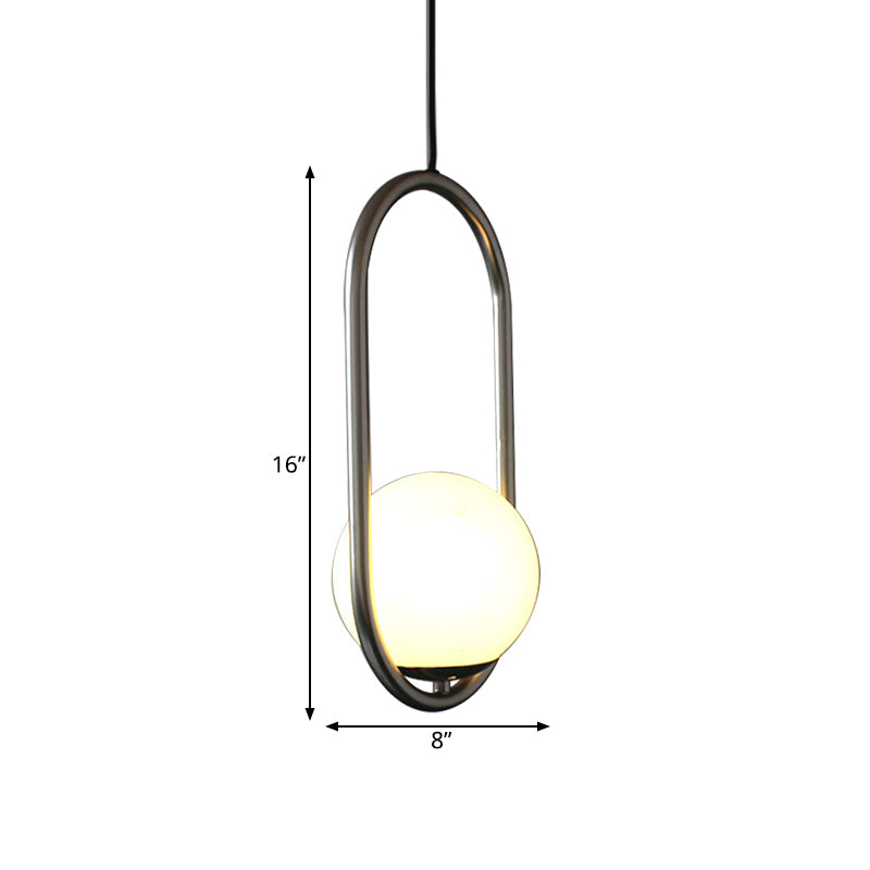 Chrome Oblong Suspension Pendant Minimalism 1-Light Iron Hanging Light with Orb White Glass Shade Clearhalo 'Ceiling Lights' 'Glass shade' 'Glass' 'Modern Pendants' 'Modern' 'Pendant Lights' 'Pendants' Lighting' 1454921