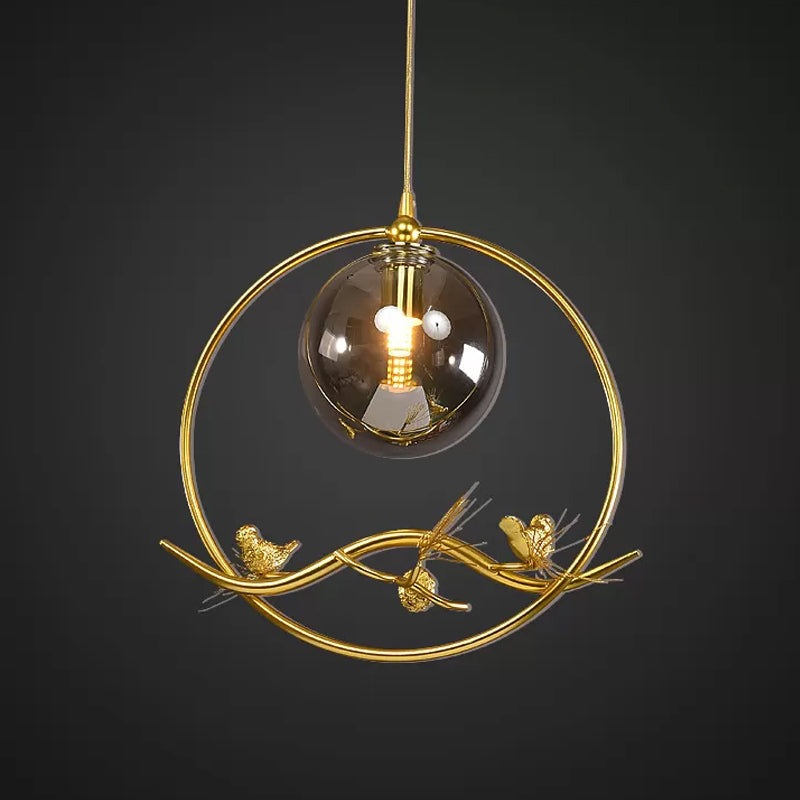 Brass Ring Hanging Pendant Mid-Century Single Bulb Metal Ceiling Lamp with Amber/Smoke Grey Glass Shade and Bird Deco Clearhalo 'Ceiling Lights' 'Glass shade' 'Glass' 'Modern Pendants' 'Modern' 'Pendant Lights' 'Pendants' Lighting' 1455018