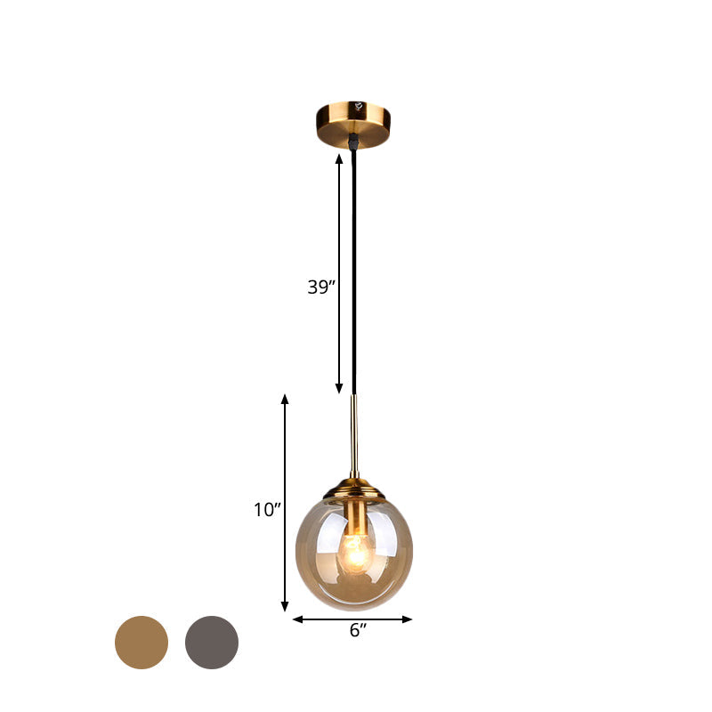 1-Light Dining Room Ceiling Pendant Simple Brass Hanging Lamp with Spherical Amber/Smoke Glass Shade Clearhalo 'Ceiling Lights' 'Close To Ceiling Lights' 'Glass shade' 'Glass' 'Modern Pendants' 'Modern' 'Pendant Lights' 'Pendants' Lighting' 1455023