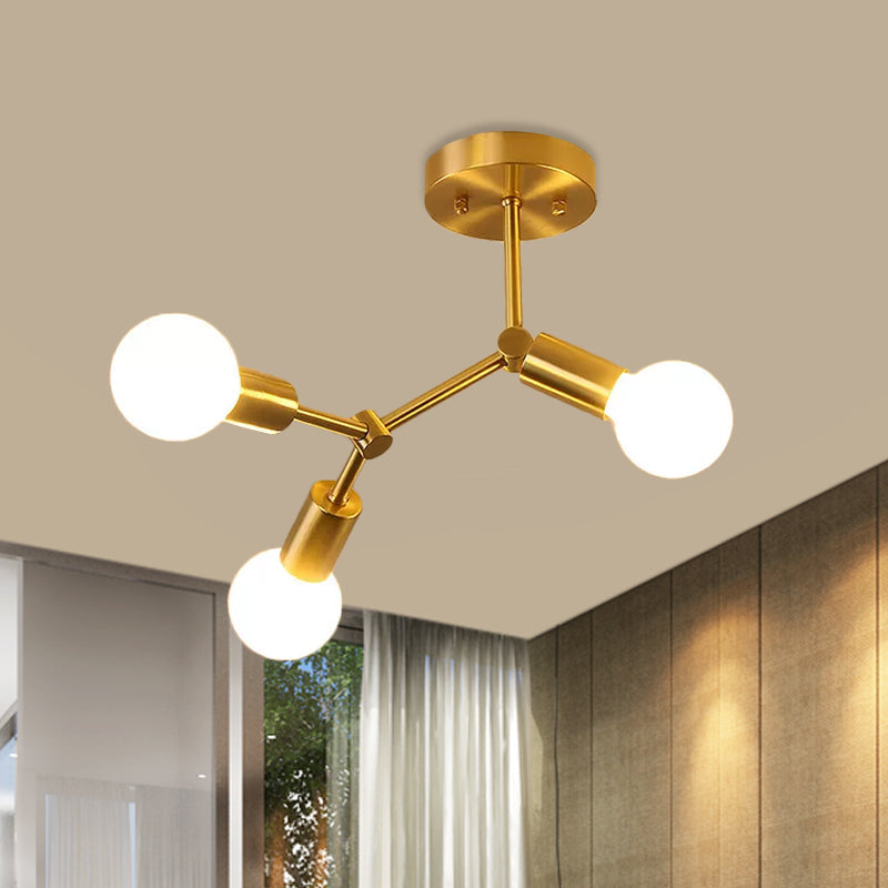 Rotating Molecule Exposed Ceiling Flush Postmodern Metal 3/4-Light Corridor Semi Mount Lighting in Brass 3 Brass Clearhalo 'Ceiling Lights' 'Close To Ceiling Lights' 'Close to ceiling' 'Semi-flushmount' Lighting' 1455092