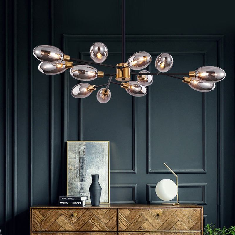 12-Bulb Parlor Close to Ceiling Light Vintage Brass Semi Mount Lighting with Ellipse Smoke Grey Glass Shade Clearhalo 'Ceiling Lights' 'Close To Ceiling Lights' 'Close to ceiling' 'Glass shade' 'Glass' 'Semi-flushmount' Lighting' 1455149