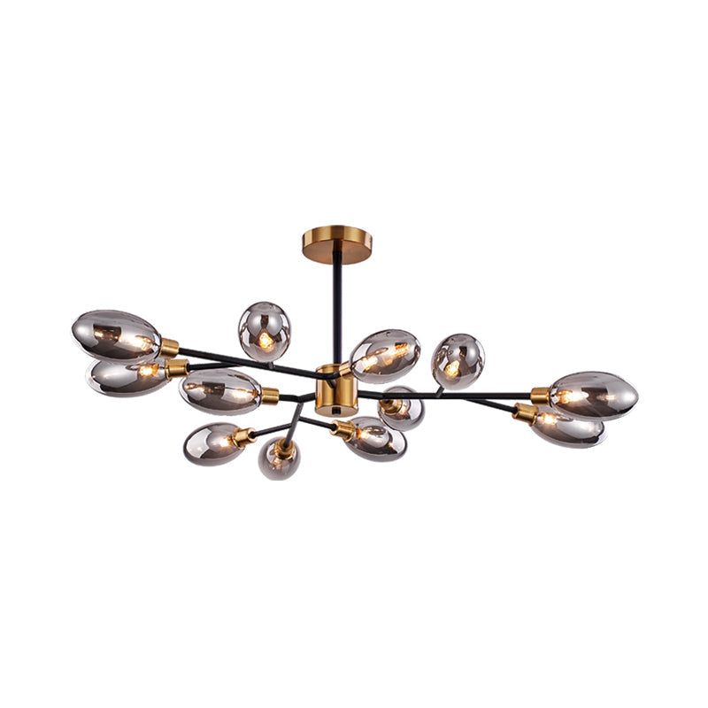 12-Bulb Parlor Close to Ceiling Light Vintage Brass Semi Mount Lighting with Ellipse Smoke Grey Glass Shade Clearhalo 'Ceiling Lights' 'Close To Ceiling Lights' 'Close to ceiling' 'Glass shade' 'Glass' 'Semi-flushmount' Lighting' 1455150