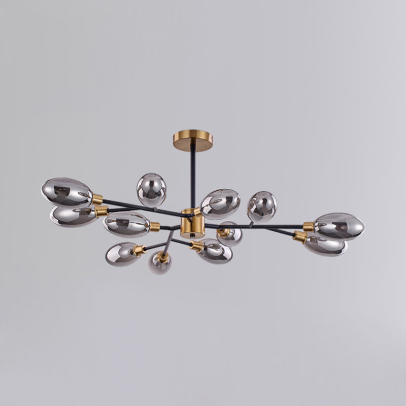 12-Bulb Parlor Close to Ceiling Light Vintage Brass Semi Mount Lighting with Ellipse Smoke Grey Glass Shade Clearhalo 'Ceiling Lights' 'Close To Ceiling Lights' 'Close to ceiling' 'Glass shade' 'Glass' 'Semi-flushmount' Lighting' 1455151