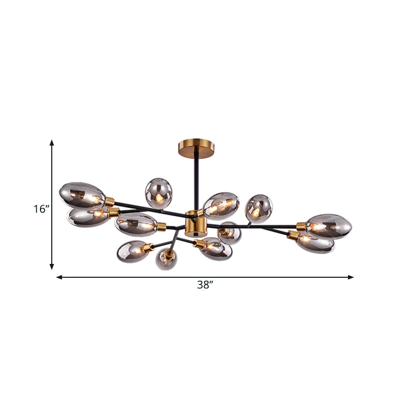 12-Bulb Parlor Close to Ceiling Light Vintage Brass Semi Mount Lighting with Ellipse Smoke Grey Glass Shade Clearhalo 'Ceiling Lights' 'Close To Ceiling Lights' 'Close to ceiling' 'Glass shade' 'Glass' 'Semi-flushmount' Lighting' 1455152