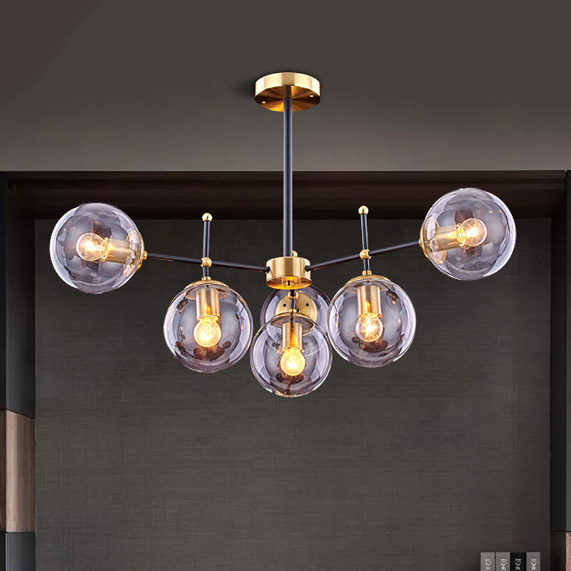 Globe Ceiling Mount Chandelier Vintage Smoke Glass 6-Light Living Room Semi Flush Light Fixture in Black-Brass Smoke Gray Clearhalo 'Ceiling Lights' 'Close To Ceiling Lights' 'Close to ceiling' 'Glass shade' 'Glass' 'Semi-flushmount' Lighting' 1455217