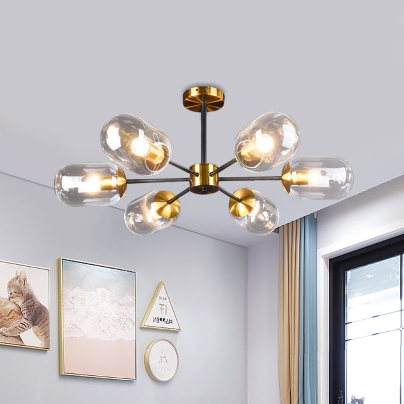 Postmodern 6 Lights Semi Flush Mount Clear Glass Brass Pill Capsule Ceiling Lamp over Dining Table Clear Clearhalo 'Ceiling Lights' 'Close To Ceiling Lights' 'Close to ceiling' 'Glass shade' 'Glass' 'Semi-flushmount' Lighting' 1455222