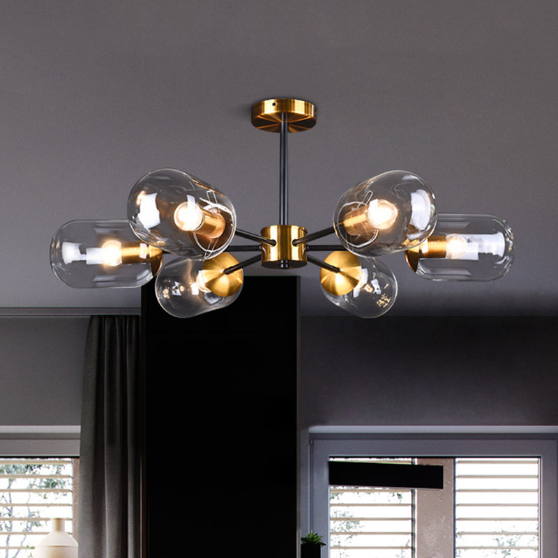 Postmodern 6 Lights Semi Flush Mount Clear Glass Brass Pill Capsule Ceiling Lamp over Dining Table Clearhalo 'Ceiling Lights' 'Close To Ceiling Lights' 'Close to ceiling' 'Glass shade' 'Glass' 'Semi-flushmount' Lighting' 1455223