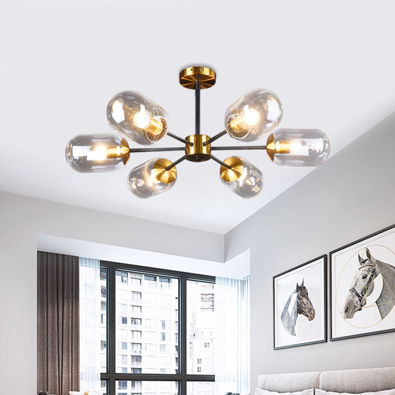 Postmodern 6 Lights Semi Flush Mount Clear Glass Brass Pill Capsule Ceiling Lamp over Dining Table Clearhalo 'Ceiling Lights' 'Close To Ceiling Lights' 'Close to ceiling' 'Glass shade' 'Glass' 'Semi-flushmount' Lighting' 1455224