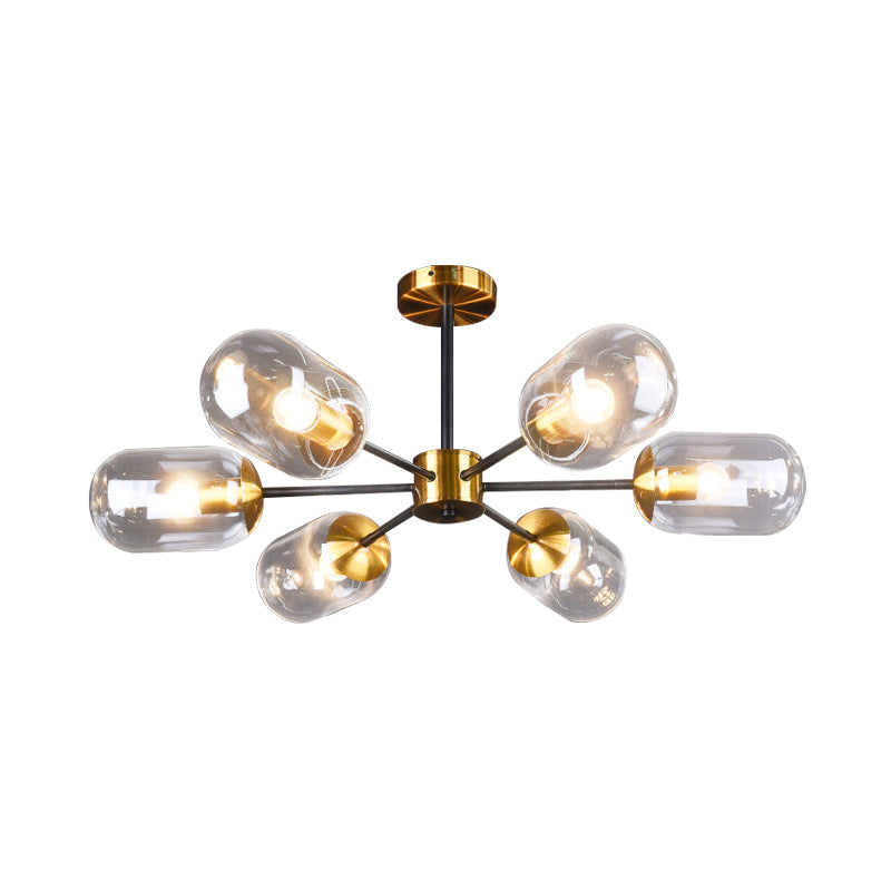 Postmodern 6 Lights Semi Flush Mount Clear Glass Brass Pill Capsule Ceiling Lamp over Dining Table Clearhalo 'Ceiling Lights' 'Close To Ceiling Lights' 'Close to ceiling' 'Glass shade' 'Glass' 'Semi-flushmount' Lighting' 1455225