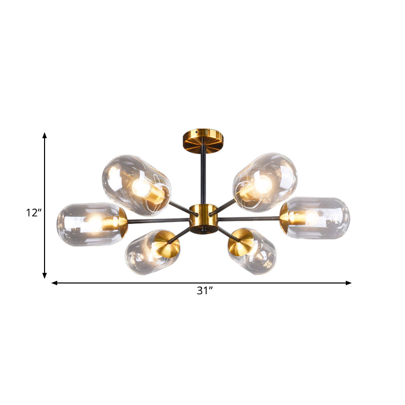 Postmodern 6 Lights Semi Flush Mount Clear Glass Brass Pill Capsule Ceiling Lamp over Dining Table Clearhalo 'Ceiling Lights' 'Close To Ceiling Lights' 'Close to ceiling' 'Glass shade' 'Glass' 'Semi-flushmount' Lighting' 1455226