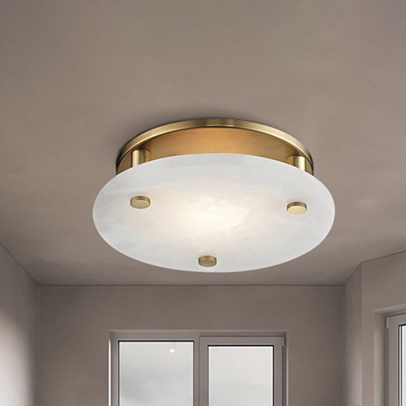 Gold Circle Ceiling Light Fixture Colonialism White Glass 3 Lights Living Room Semi Flush Mount Clearhalo 'Ceiling Lights' 'Close To Ceiling Lights' 'Close to ceiling' 'Glass shade' 'Glass' 'Semi-flushmount' Lighting' 1455621