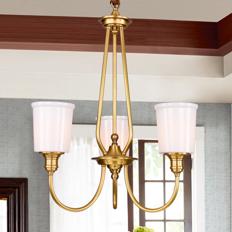 White Glass Cylinder Chandelier Light Colonialism 3/5 Lights Bedroom Pendant Lighting Fixture in Gold Clearhalo 'Ceiling Lights' 'Chandeliers' Lighting' options 1455683