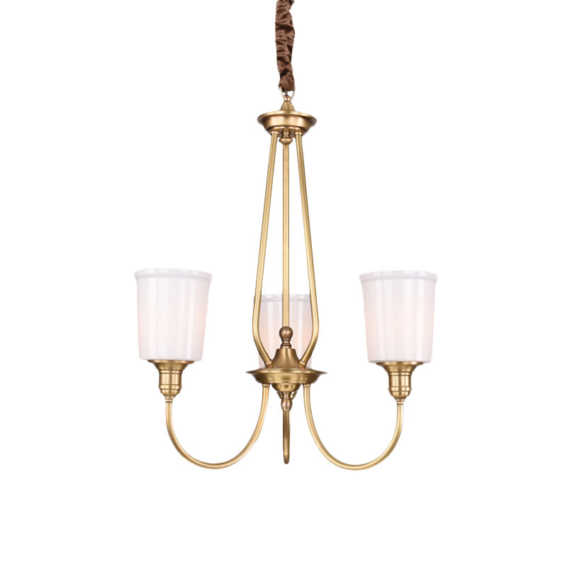 White Glass Cylinder Chandelier Light Colonialism 3/5 Lights Bedroom Pendant Lighting Fixture in Gold Clearhalo 'Ceiling Lights' 'Chandeliers' Lighting' options 1455686