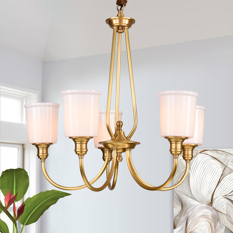 White Glass Cylinder Chandelier Light Colonialism 3/5 Lights Bedroom Pendant Lighting Fixture in Gold Clearhalo 'Ceiling Lights' 'Chandeliers' Lighting' options 1455688