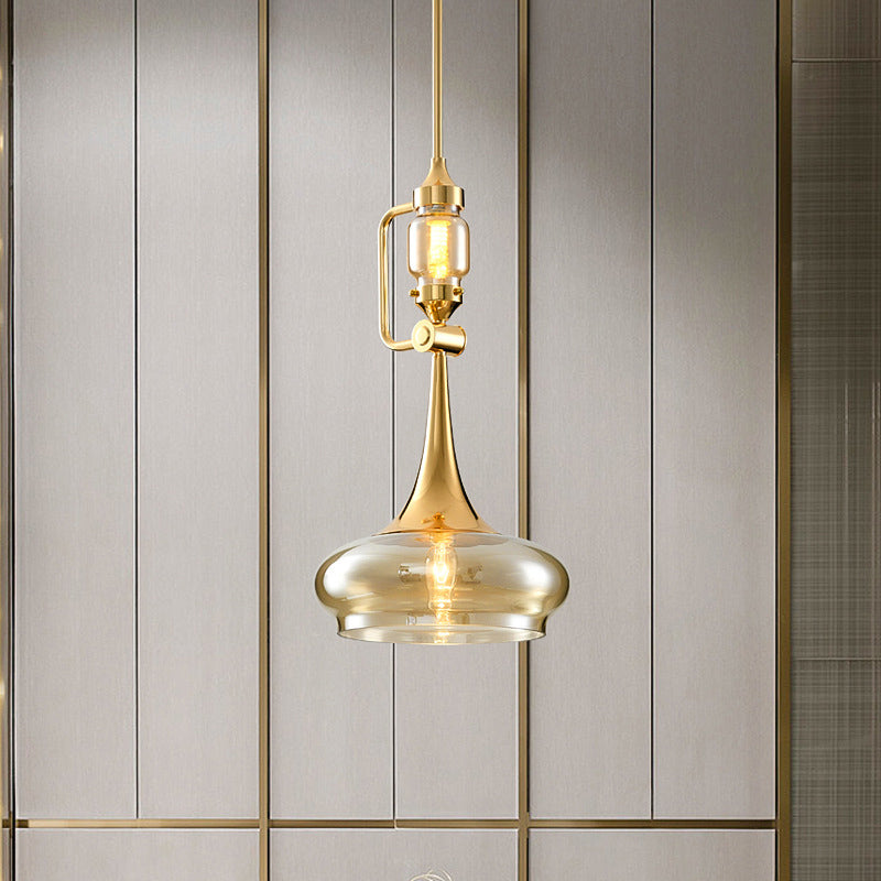 Trumpet Amber Glass Hanging Pendant Colonialism 2 Lights Restaurant Ceiling Light in Gold Clearhalo 'Ceiling Lights' 'Glass shade' 'Glass' 'Pendant Lights' 'Pendants' Lighting' 1455774