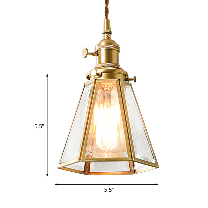 Clear Glass Tapered Suspension Lamp Colonialist 1 Bulb Restaurant Pendant Light Fixture in Gold Clearhalo 'Ceiling Lights' 'Glass shade' 'Glass' 'Pendant Lights' 'Pendants' Lighting' 1455782