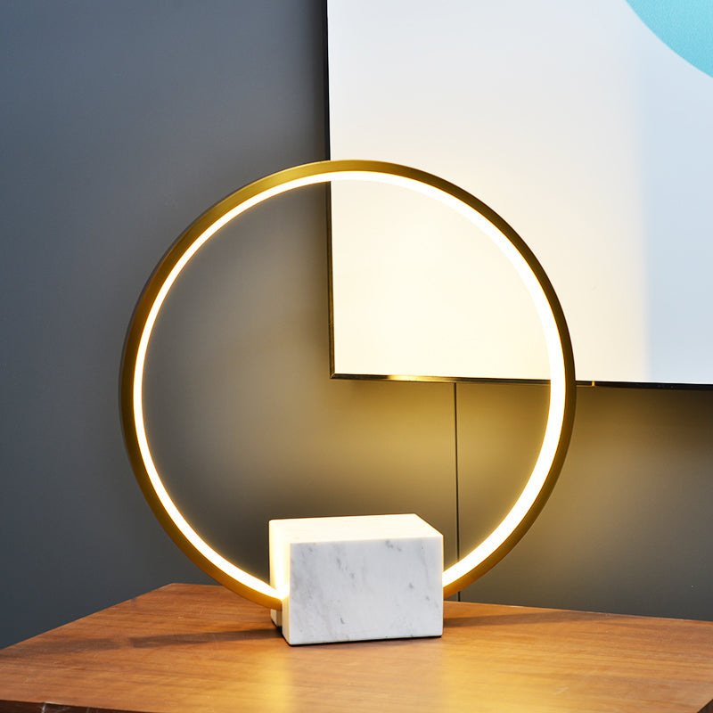 Gold Hoop Nightstand Lamp Minimalist Aluminum LED Table Lighting with Block Marble Pedestal Gold Clearhalo 'Lamps' 'Table Lamps' Lighting' 1455952