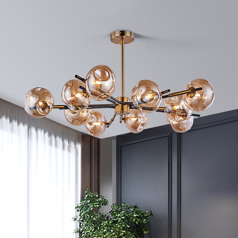 Radial Flush Chandelier Vintage Amber/Smoke Grey Dimpled Glass 10 Lights Living Room Semi Flush Mount Ceiling Light Clearhalo 'Ceiling Lights' 'Close To Ceiling Lights' 'Close to ceiling' 'Glass shade' 'Glass' 'Island Lights' 'Semi-flushmount' Lighting' 1456055