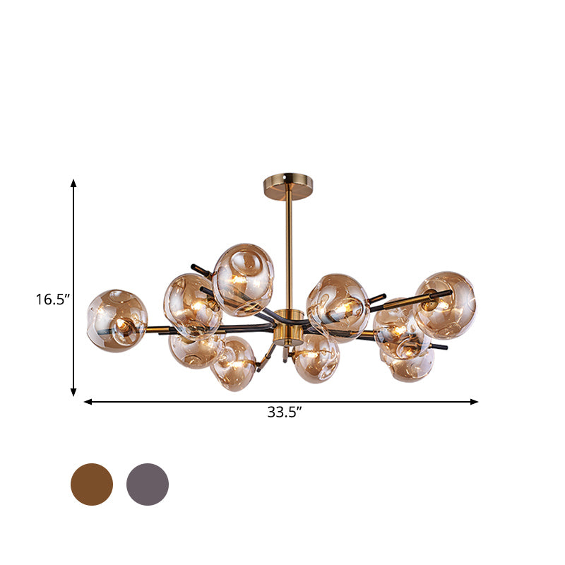 Radial Flush Chandelier Vintage Amber/Smoke Grey Dimpled Glass 10 Lights Living Room Semi Flush Mount Ceiling Light Clearhalo 'Ceiling Lights' 'Close To Ceiling Lights' 'Close to ceiling' 'Glass shade' 'Glass' 'Island Lights' 'Semi-flushmount' Lighting' 1456058