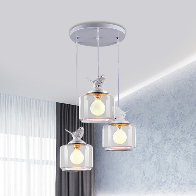 Drum Clear Glass Pendant Lighting Nordic 3 Bulbs White Multi Light Ceiling Light with Resin Bird Top Clear Clearhalo 'Ceiling Lights' 'Glass shade' 'Glass' 'Modern Pendants' 'Modern' 'Pendant Lights' 'Pendants' Lighting' 1456102