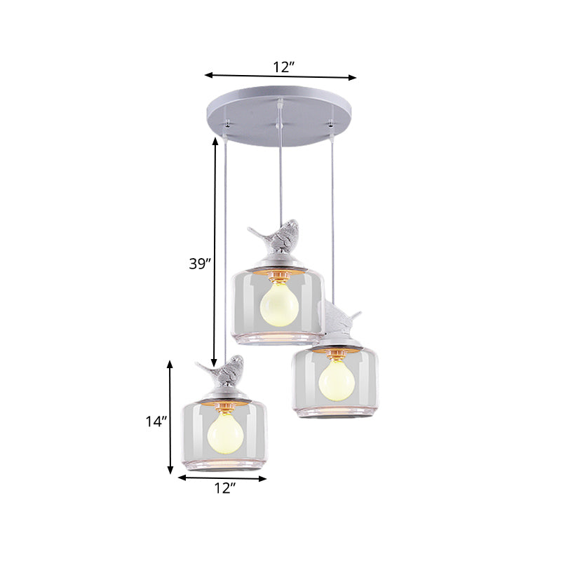 Drum Clear Glass Pendant Lighting Nordic 3 Bulbs White Multi Light Ceiling Light with Resin Bird Top Clearhalo 'Ceiling Lights' 'Glass shade' 'Glass' 'Modern Pendants' 'Modern' 'Pendant Lights' 'Pendants' Lighting' 1456106