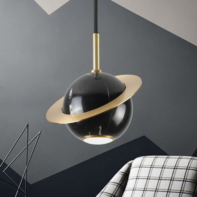 Mini Space Planet Kitchen Pendant Marble 1 Bulb Postmodern Ceiling Suspension Lamp in Green/White/Black-Brass Black Clearhalo 'Ceiling Lights' 'Modern Pendants' 'Modern' 'Pendant Lights' 'Pendants' Lighting' 1456150