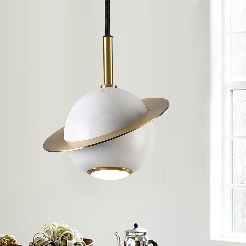 Mini Space Planet Kitchen Pendant Marble 1 Bulb Postmodern Ceiling Suspension Lamp in Green/White/Black-Brass White Clearhalo 'Ceiling Lights' 'Modern Pendants' 'Modern' 'Pendant Lights' 'Pendants' Lighting' 1456154