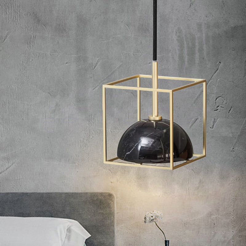 Marble Small Dome Hanging Light Kit Mid Century 1 Head Black/Green Ceiling Pendant with Gold Cubic Wire Cage Guard Black Clearhalo 'Ceiling Lights' 'Modern Pendants' 'Modern' 'Pendant Lights' 'Pendants' Lighting' 1456158