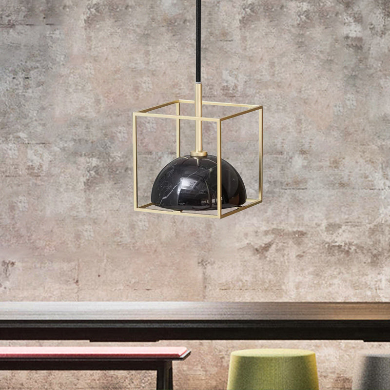 Marble Small Dome Hanging Light Kit Mid Century 1 Head Black/Green Ceiling Pendant with Gold Cubic Wire Cage Guard Clearhalo 'Ceiling Lights' 'Modern Pendants' 'Modern' 'Pendant Lights' 'Pendants' Lighting' 1456159