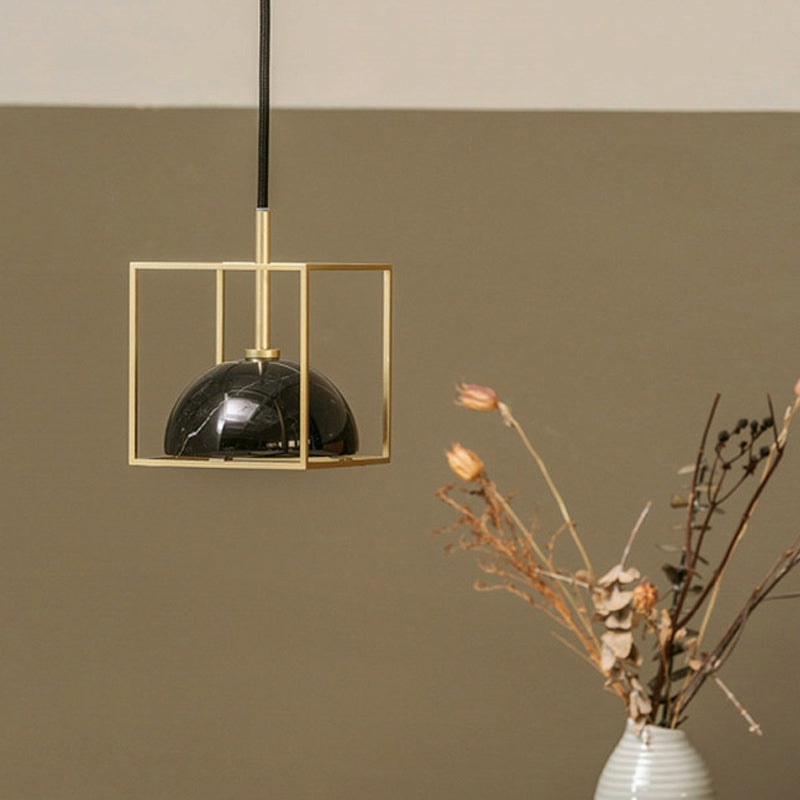 Marble Small Dome Hanging Light Kit Mid Century 1 Head Black/Green Ceiling Pendant with Gold Cubic Wire Cage Guard Clearhalo 'Ceiling Lights' 'Modern Pendants' 'Modern' 'Pendant Lights' 'Pendants' Lighting' 1456160