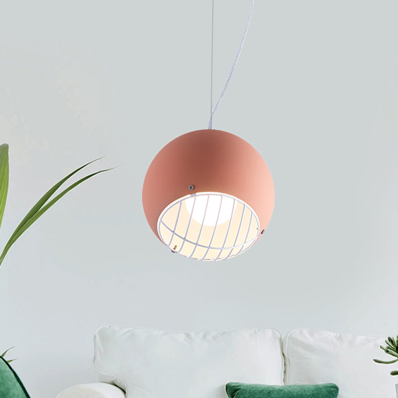 Macaron Mini Dome Pendant Lighting Aluminum 1 Head Bedside Ceiling Light in Pink with Wire Guard Bottom Clearhalo 'Ceiling Lights' 'Modern Pendants' 'Modern' 'Pendant Lights' 'Pendants' Lighting' 1456182