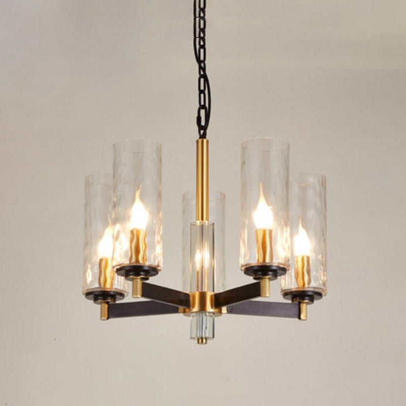 Vintage Cylinder Chandelier Lighting Fixture 3/5/6 Bulbs Clear Water Glass Pendant Lamp in Black and Gold Clearhalo 'Ceiling Lights' 'Chandeliers' Lighting' options 1456403