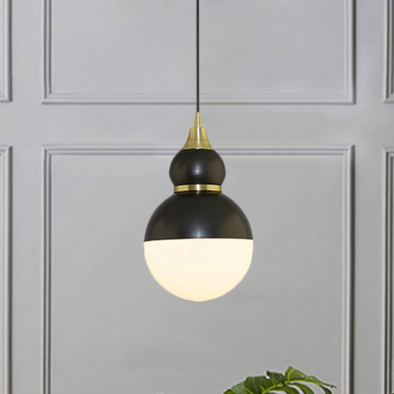 Black/Brass Gourd Shaped Pendant Lamp Mid Century Metal 1 Light Pendulum Light with Bottom White Glass Diffuser Black Clearhalo 'Ceiling Lights' 'Glass shade' 'Glass' 'Modern Pendants' 'Modern' 'Pendant Lights' 'Pendants' Lighting' 1456450