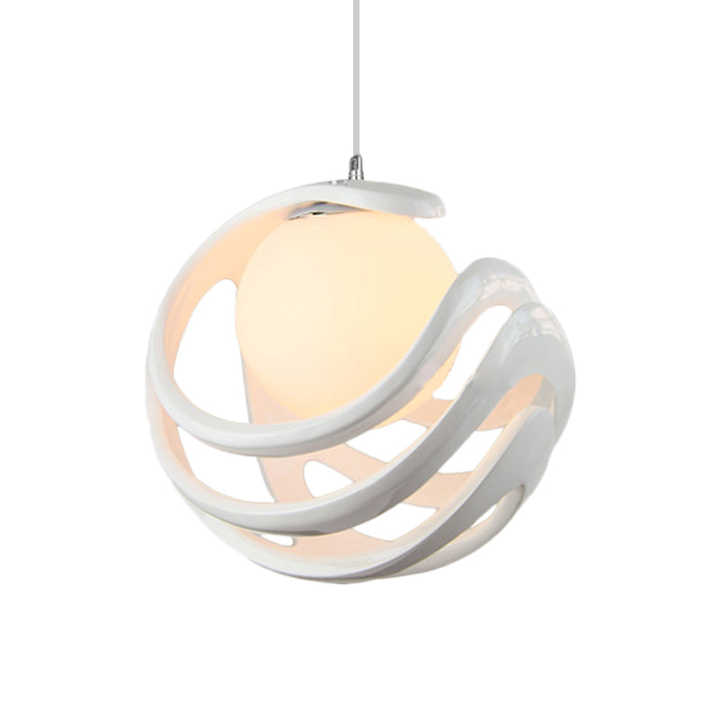 Resin Curled Cage Pendant Lighting Modern 1 Bulb White Ceiling Lamp with Orb Milk Glass Shade Clearhalo 'Ceiling Lights' 'Glass shade' 'Glass' 'Modern Pendants' 'Modern' 'Pendant Lights' 'Pendants' Lighting' 1456478