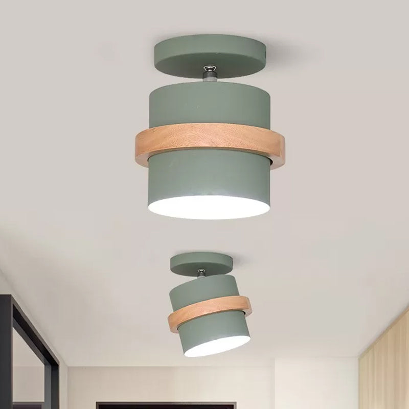 Rotating Mini Barrel Corridor Semi Flush Iron 1 Bulb Macaron Ceiling Mounted Lamp in Grey/Green/White with Wood Ring Band Green Clearhalo 'Ceiling Lights' 'Close To Ceiling Lights' 'Close to ceiling' 'Semi-flushmount' Lighting' 1456524