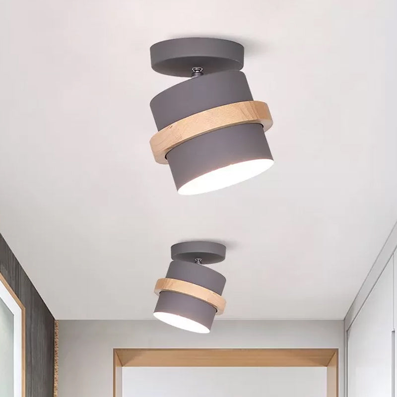 Rotating Mini Barrel Corridor Semi Flush Iron 1 Bulb Macaron Ceiling Mounted Lamp in Grey/Green/White with Wood Ring Band Grey Clearhalo 'Ceiling Lights' 'Close To Ceiling Lights' 'Close to ceiling' 'Semi-flushmount' Lighting' 1456529