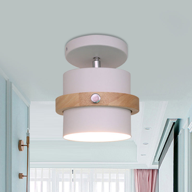 Rotating Mini Barrel Corridor Semi Flush Iron 1 Bulb Macaron Ceiling Mounted Lamp in Grey/Green/White with Wood Ring Band White Clearhalo 'Ceiling Lights' 'Close To Ceiling Lights' 'Close to ceiling' 'Semi-flushmount' Lighting' 1456533