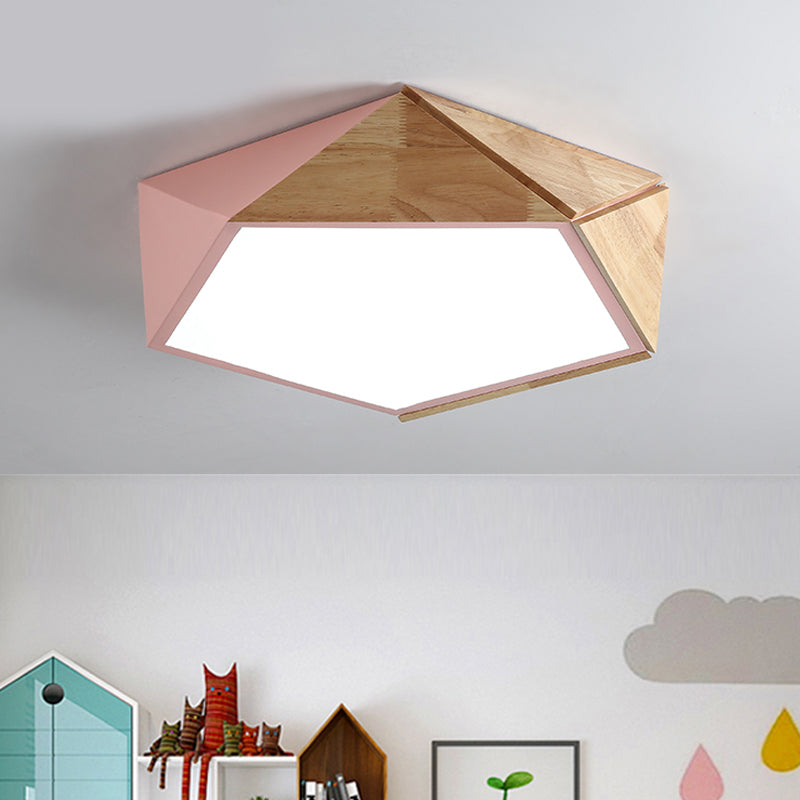 Wood Splicing 3D Pentangle Ceiling Flush Macaron Pink/Green LED Flush Mounted Lamp in Warm/White Light, 16.5/20.5 Inch Wide Clearhalo 'Ceiling Lights' 'Close To Ceiling Lights' 'Close to ceiling' 'Flush mount' Lighting' 1456544